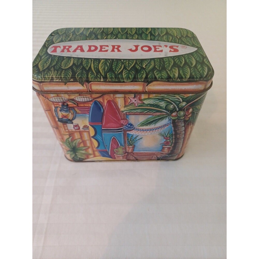 Trader Joe’s Hawaiian Holiday Cookies empty metal tin box surf tropical beach